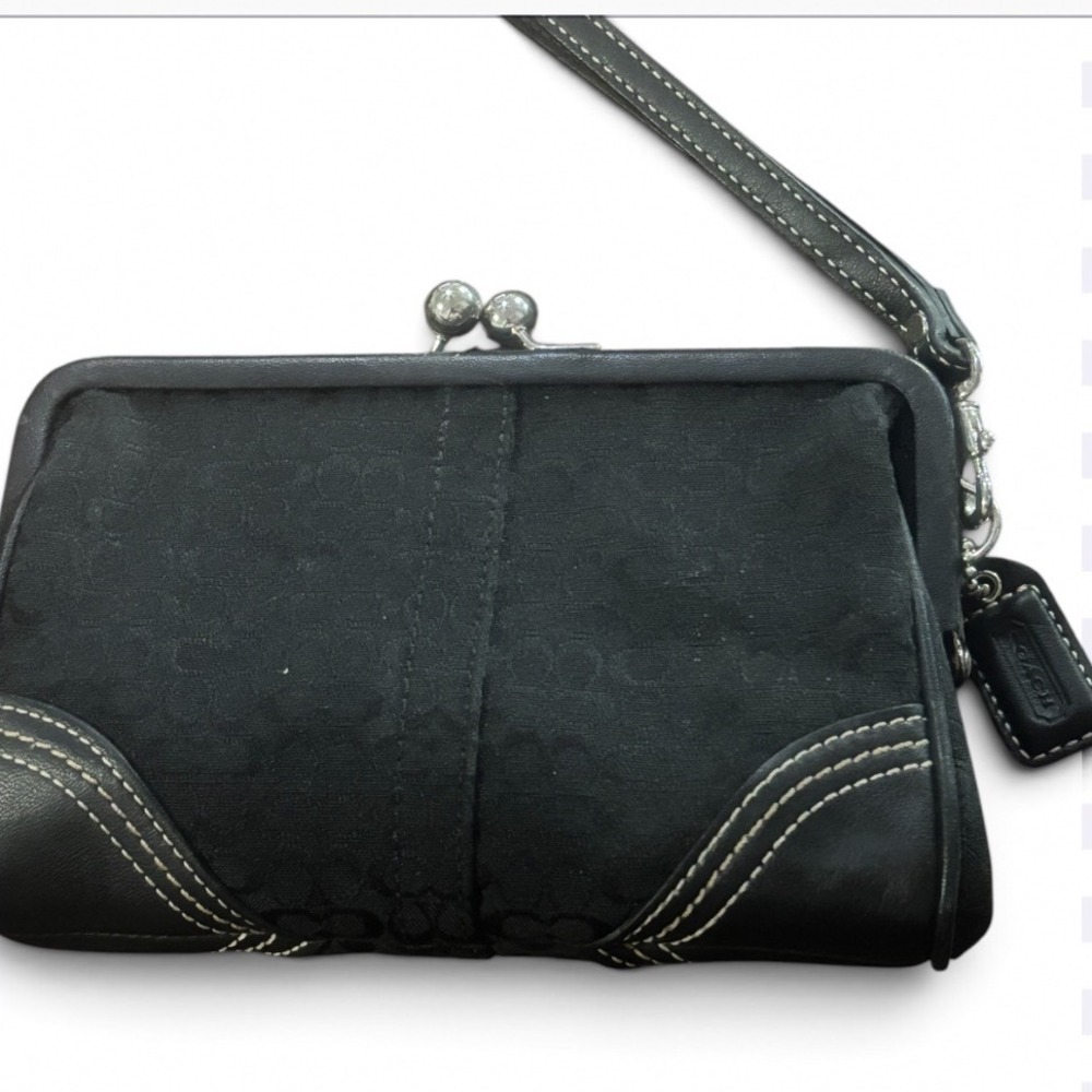 Vintage Coach Kiss lock all over C wristlet wallet canvas leather trim black